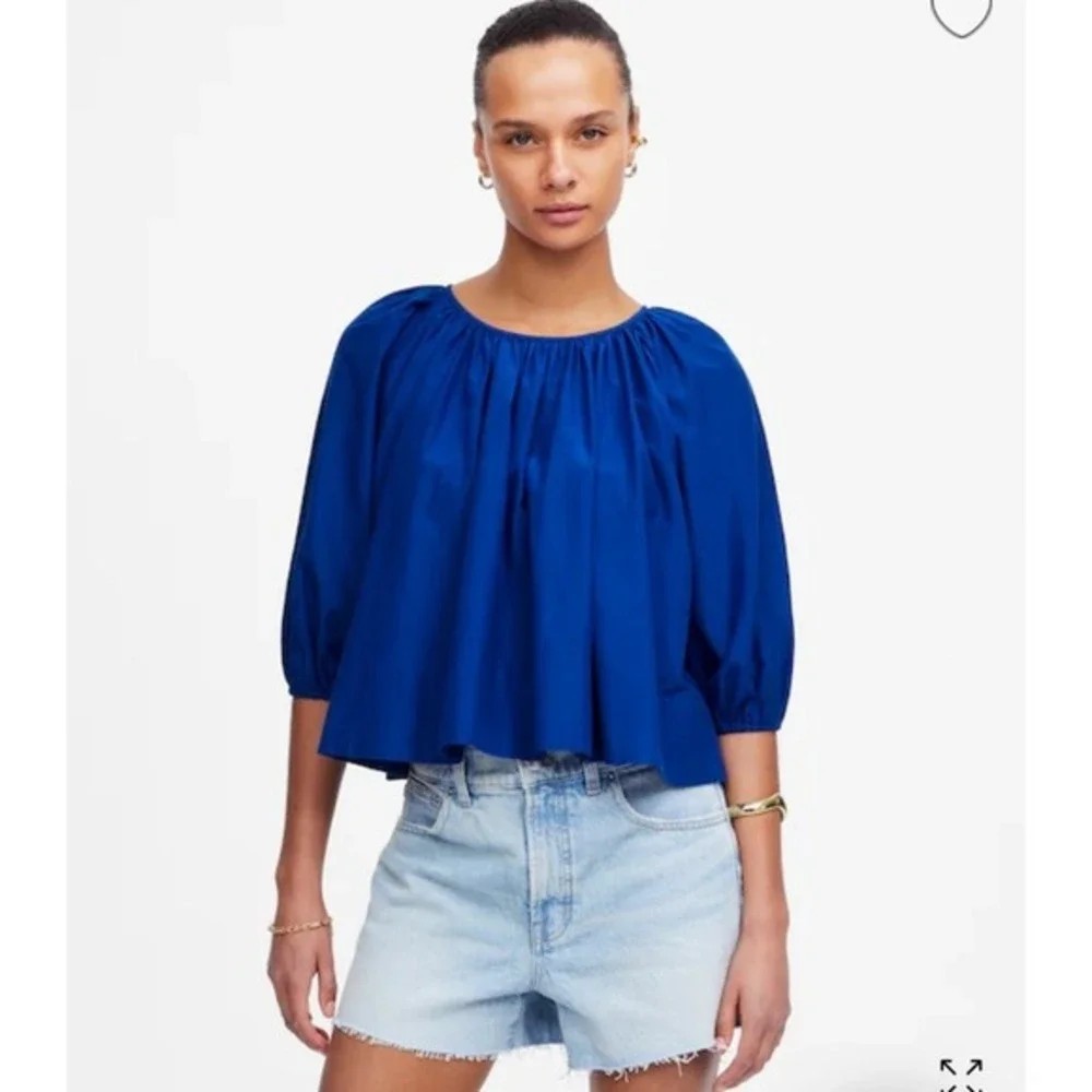 Madewell Top Womens XS Shirred Puff Sleeve Top Cotton Silk Bright Sapphire NV194